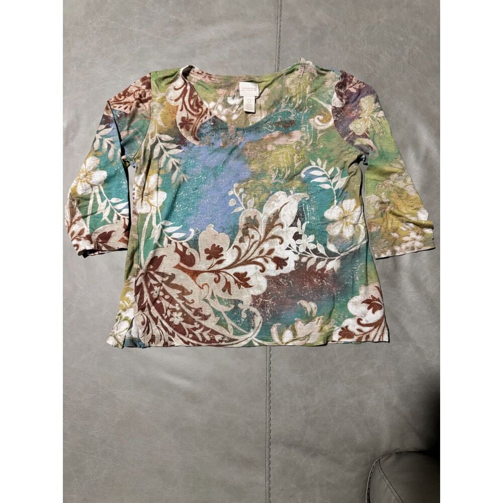 Chico’s Floral Paisley V Neck 3/4 Sleeve 100% Rayon Top Size 0 Small